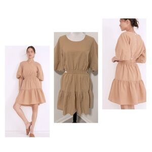 Madewell Women’s XL Seersucker Puff-Sleeve Cutout Mini Dress Ruffled Beige EUC